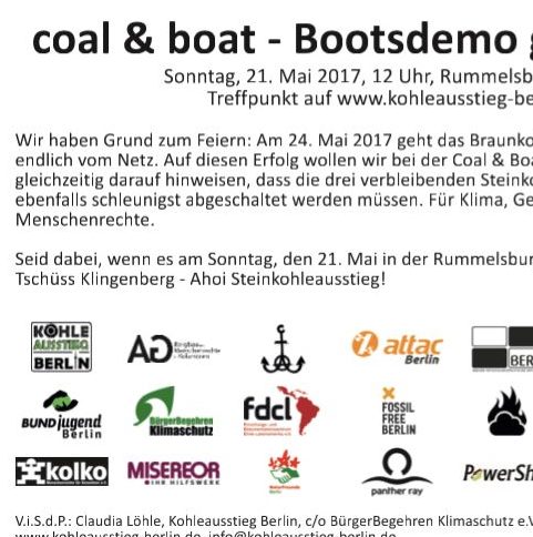 Berlin 21.05. Coal & Boat  – Bootsdemo gegen Kohle(importe)