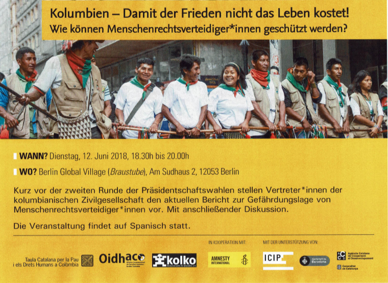 Berlin, 12.06: Kolumbien – Damit der Frieden nicht das Leben kostet! Wie können Menschenrechtsverteidiger*innen geschützt werden?