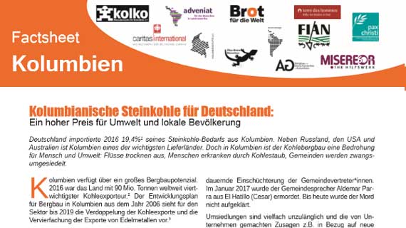 Kolumbianische Steinkohle für Deutschland: Hoher Preis für Umwelt und lokale Bevölkerung. Factsheet.